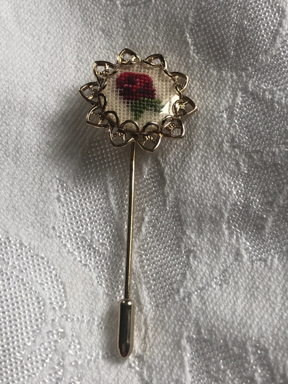 Vintage needlepoint rose floral pin